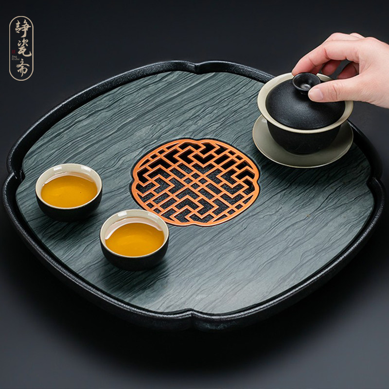 陶瓷天然石材茶盘储水排水小型乌金石茶海简约家用办公茶台石托盘