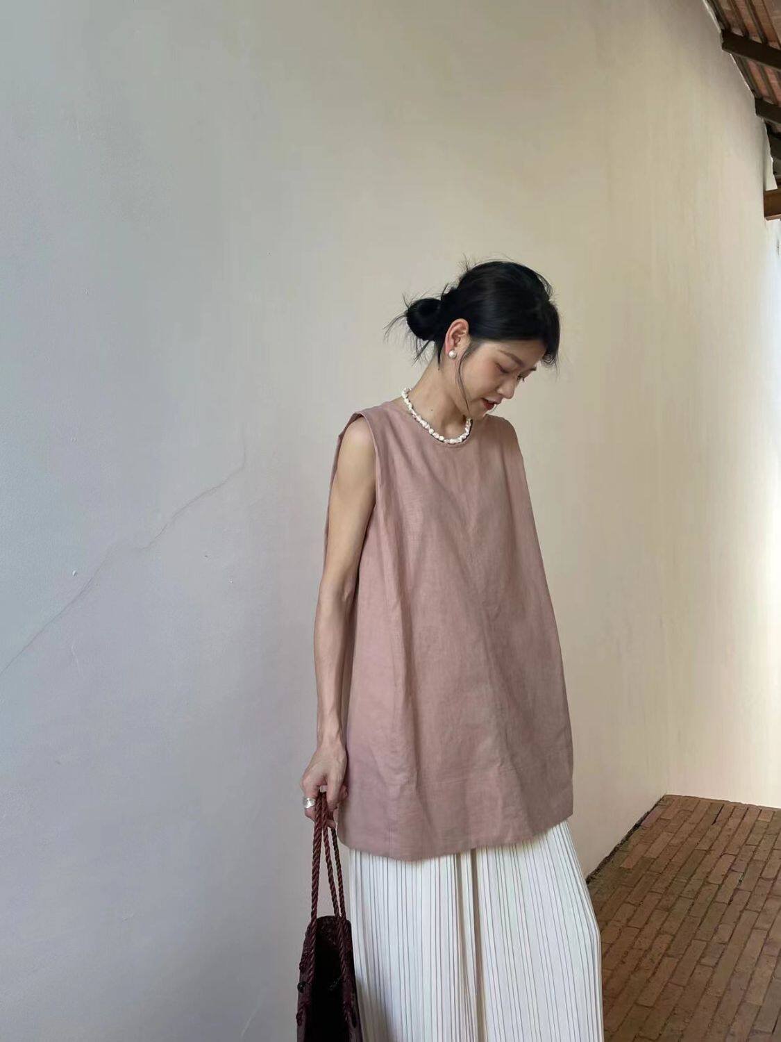 2026复古亚麻马甲背心衬衫上衣女