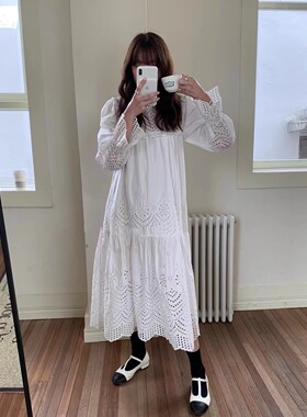 十三行正品女装镂空长袖连衣裙宽松显瘦套头重工荷叶裙女82960