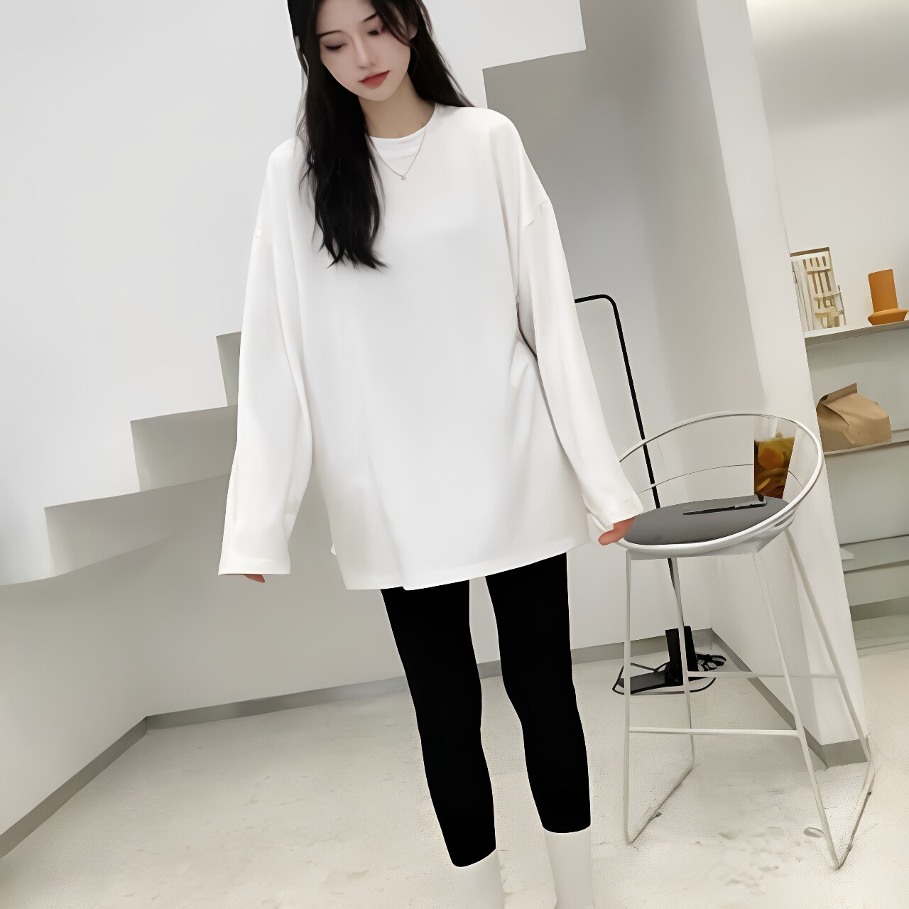 十三行开叉中长款磨毛打底衫女