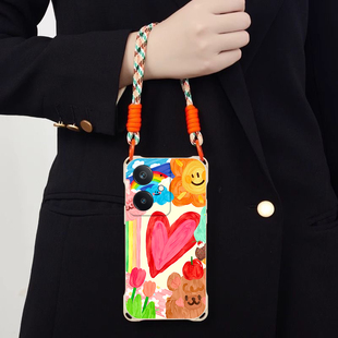 彩色油画适用realme真我C61斜跨手机壳C63小众日韩可爱超萌C65卡通时尚 手绳C61保护 少女硅胶可爱男女C61个性