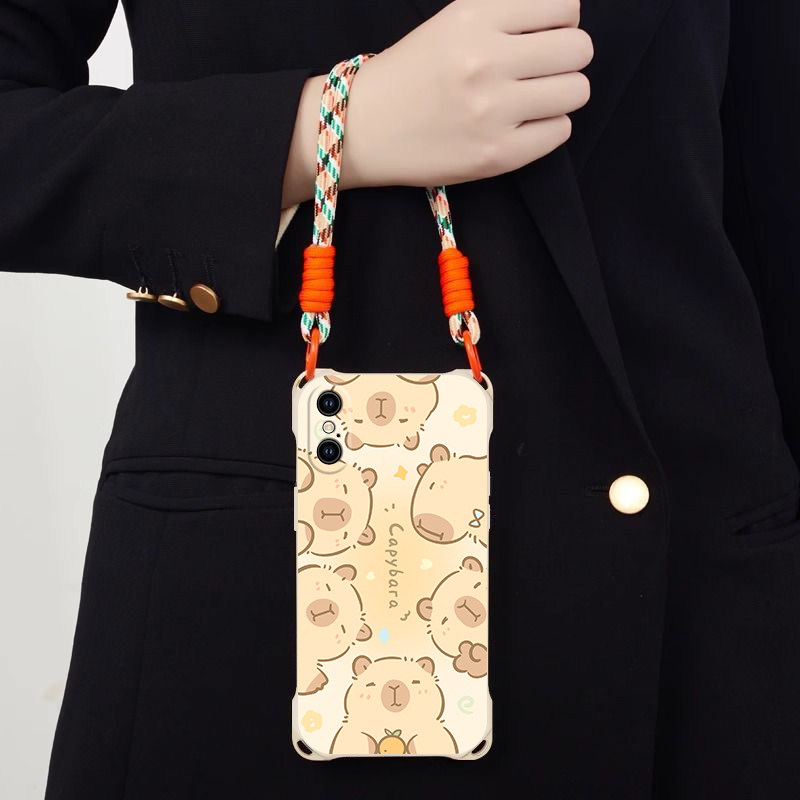 卡皮巴拉豚鼠适用iPhoneX斜跨手机壳XR小众日韩超萌XS卡通可爱少女XSMax硅胶时尚男女X个性手绳保护套