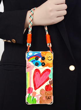 彩色油画适用华为畅享60X斜跨手机壳NovaY91小众日韩可爱超萌卡通时尚少女硅胶可爱男女畅享60X个性手绳华为