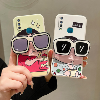 适用vivo Y3手机壳卡通时尚少女vovo y3s个性可爱小新vivi y17保护套ins风简约学生V1901A硅胶vlvoy3墨镜支架