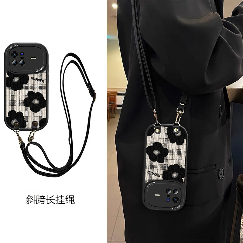 格子笑脸山茶花皮纹适用vivoX70手机壳斜跨x80挂绳X30全包挂件X30Pro卡通潮少女X50ins可爱保护壳