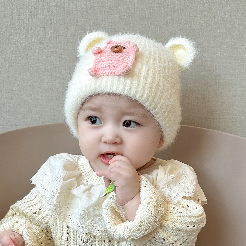 婴儿帽子秋冬款毛线护耳帽毛绒绒手工小熊可爱超萌男女宝宝针织帽