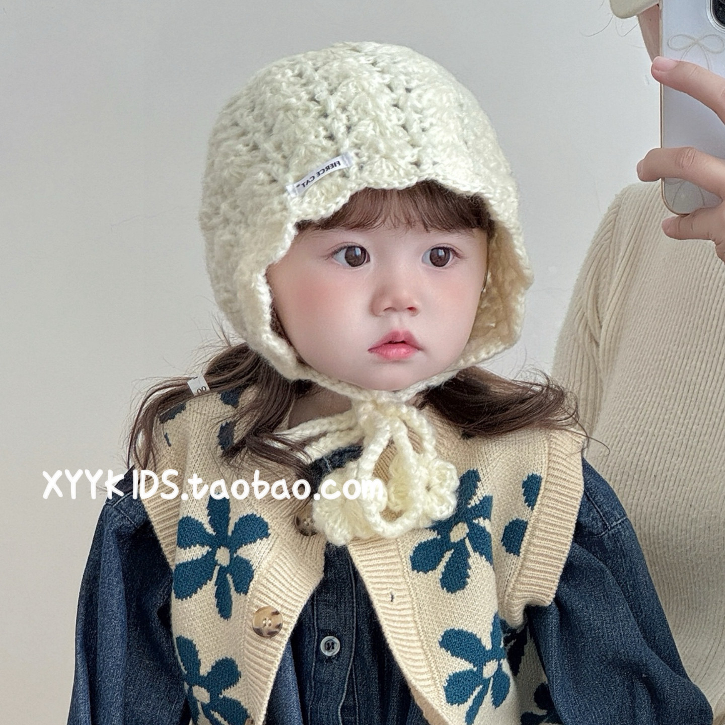 女宝宝帽子秋冬季韩版纯手工针织儿童护耳帽勾花户外毛线帽保暖