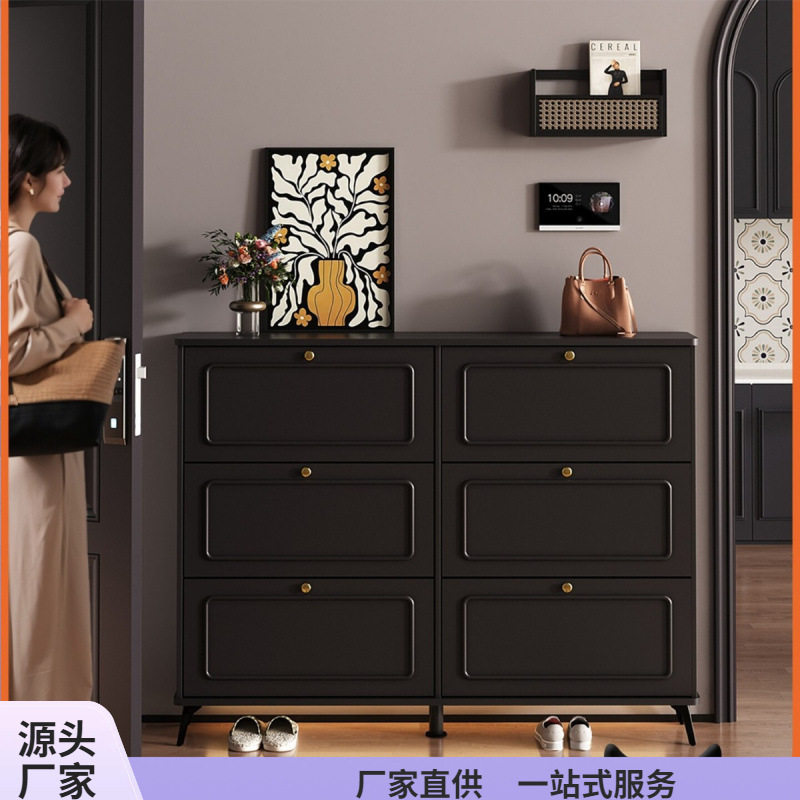 新款黑色实木鞋柜门口外楼道玄关室内极窄翻斗入户收纳柜一体鞋架