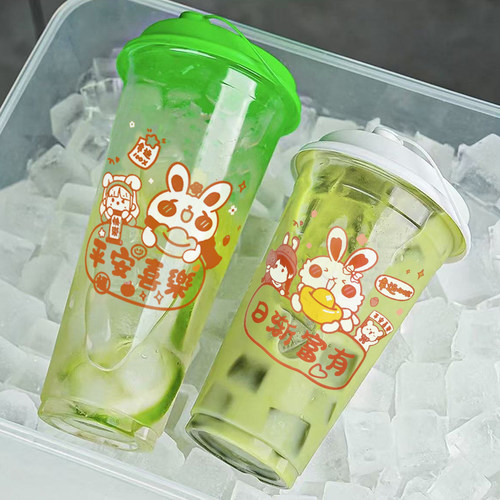 90卡通小兔子吸塑PP杯一次性可爱兔塑料杯商用豆浆水果茶果汁塑杯