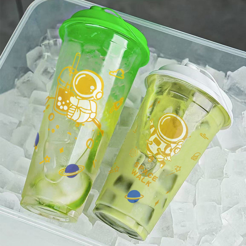 一次性卡通太空人PP杯90宇航员吸塑奶茶豆浆杯商用柠檬水果茶塑杯