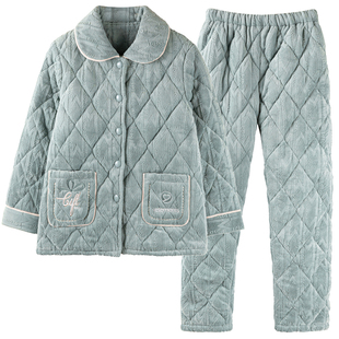 芬腾冬季珊瑚绒三层夹棉睡衣女士保暖加绒加厚法兰绒套装冬天棉袄