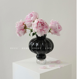 duuuhome极简中古现代黑色灯笼玻璃花瓶花器软装鲜花客厅插花摆件