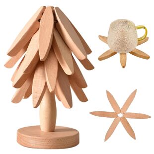 Tree Shape Wooden Trivet Set 4 Trivets + 1 Stand for Hot Dis