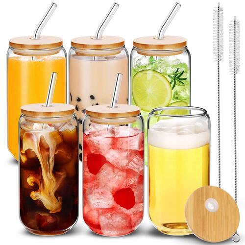 2/4/6pcs Glass Can Shaped Cups with Spill-Proof Lids and Str