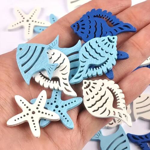 50pcs Mediterranean Wooden Craft Shapes - Starfish Seashells