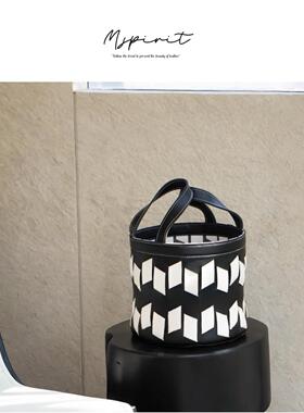 黑白拼色手工编织头层马鞍皮收纳篮收纳筐多用水桶包户外手提篮