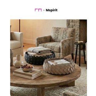 Ms 纯手工设计师纯正马鞍皮皮质收纳篮桌面皮革收纳轻奢高级摆件