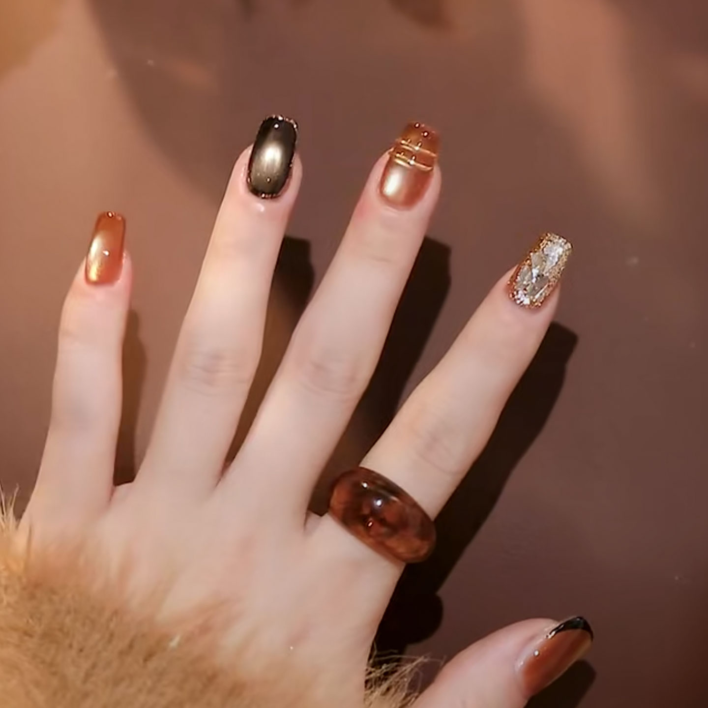 GC【落日熔金】秋冬新款金橘猫眼温柔气质美甲手工穿戴甲冬日高级