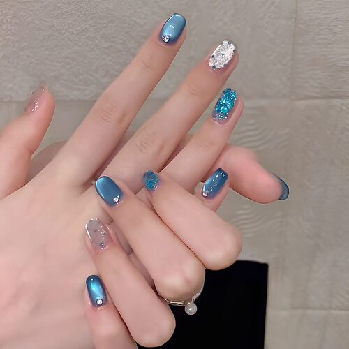 GC【冰蓝海月】夏季清冷深海猫眼显白百搭短款可拆卸成品美甲贴片