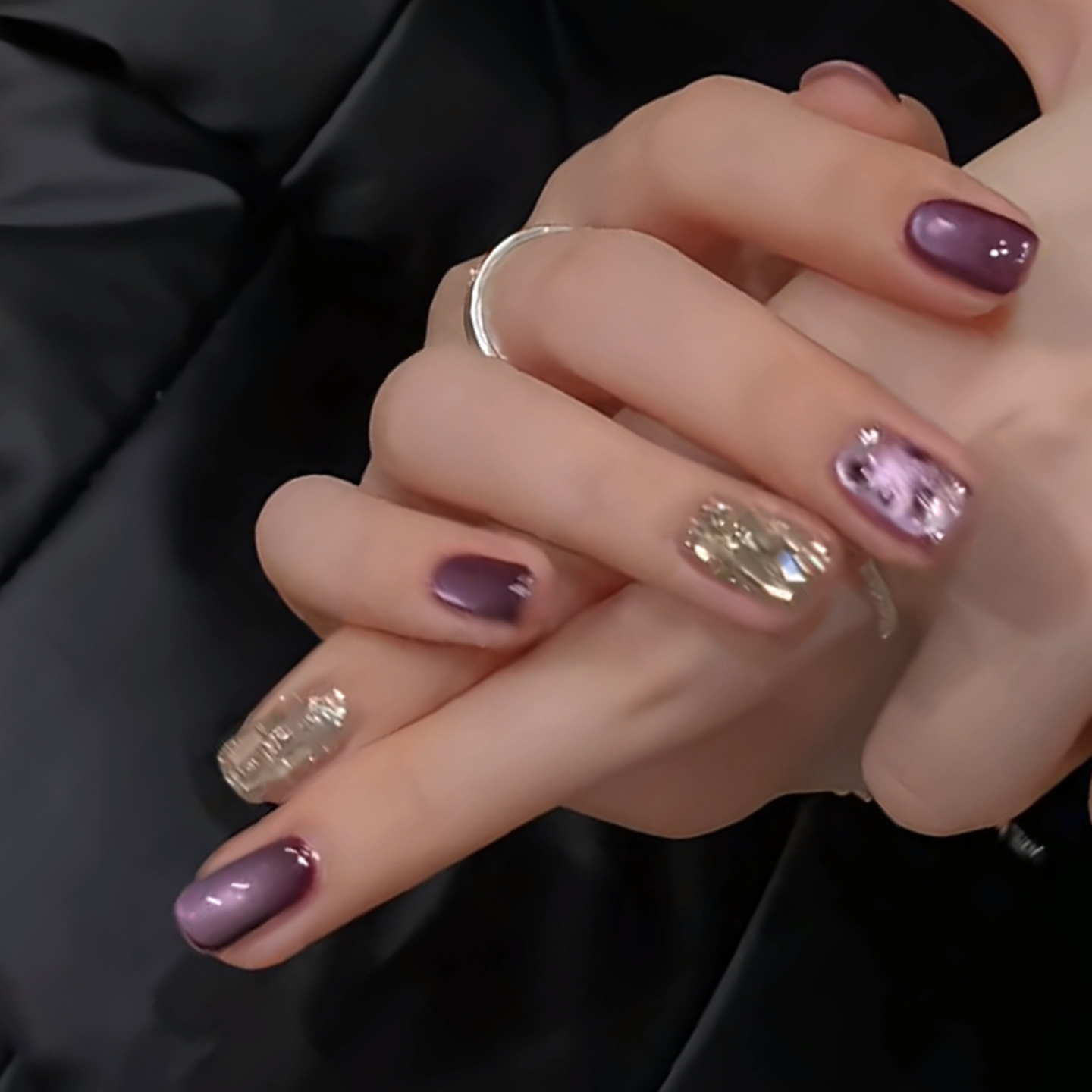 GC【紫玉钗】秋冬新款纯手工穿戴美甲闪亮紫猫眼假指甲可拆卸成品