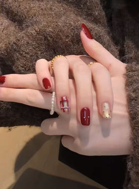 GC【酒香横颂】秋冬新款红色短甲美甲纯手工穿戴甲爆闪猫眼显白