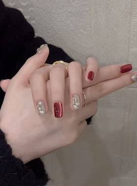 GC【相思树】新年新款石榴红色猫眼美甲日常简约穿搭手工穿戴甲