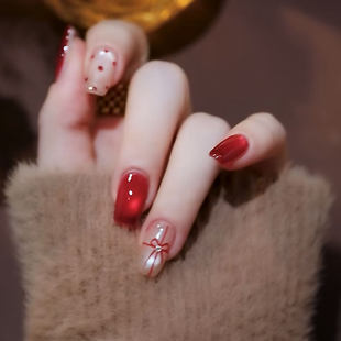 GC【暗许心愿】新年明媚透亮宝石红追光猫眼高级显白手工穿戴甲