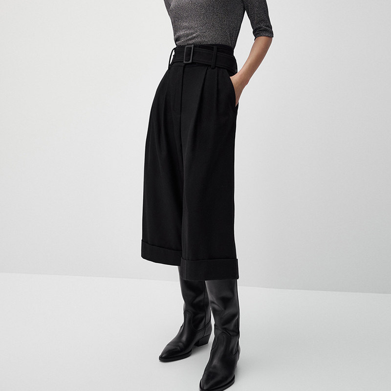秋冬新款阔腿裤女2022休闲高腰九分裤子百搭毛呢宽松显瘦黑色靴裤