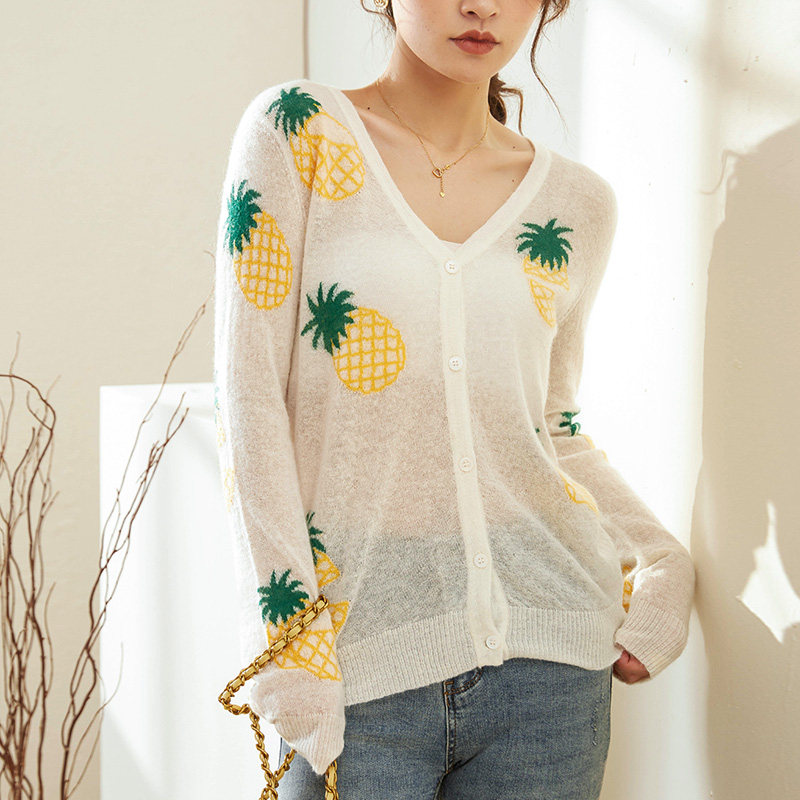 轻薄羊毛衫女士开衫V领薄外套春季印花长袖修身款针织衫女小衫