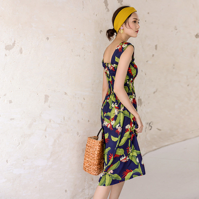 法式复古连衣裙新款女印花收腰显瘦气质雪纺中长款方领a字裙子夏