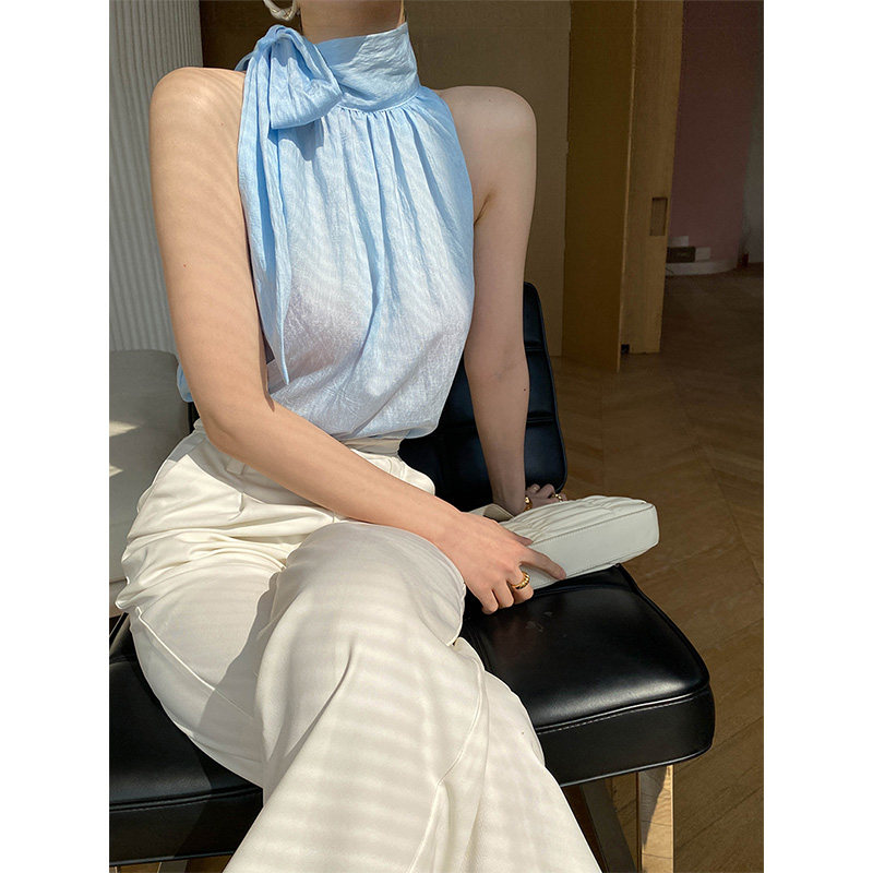 露肩挂脖上衣夏女新款高级质感天丝无袖纯欲法式宽松外穿吊带背心