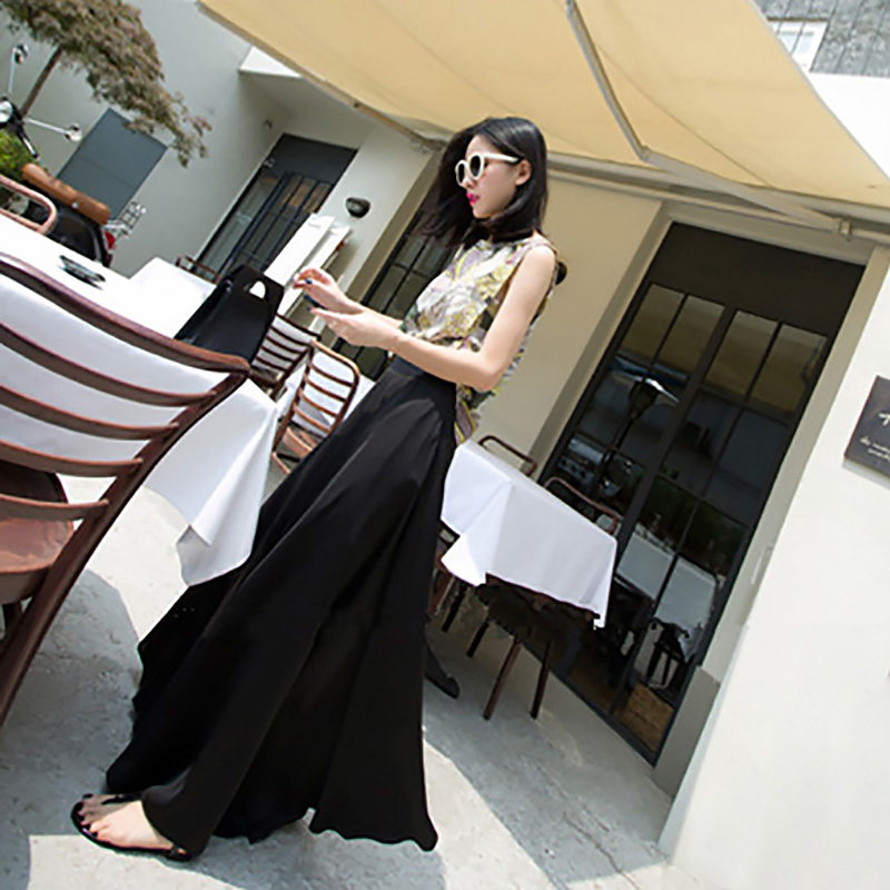 黑色垂感阔腿裤女夏季高腰裤子宽松雪纺休闲裤薄款缎面显瘦裙裤