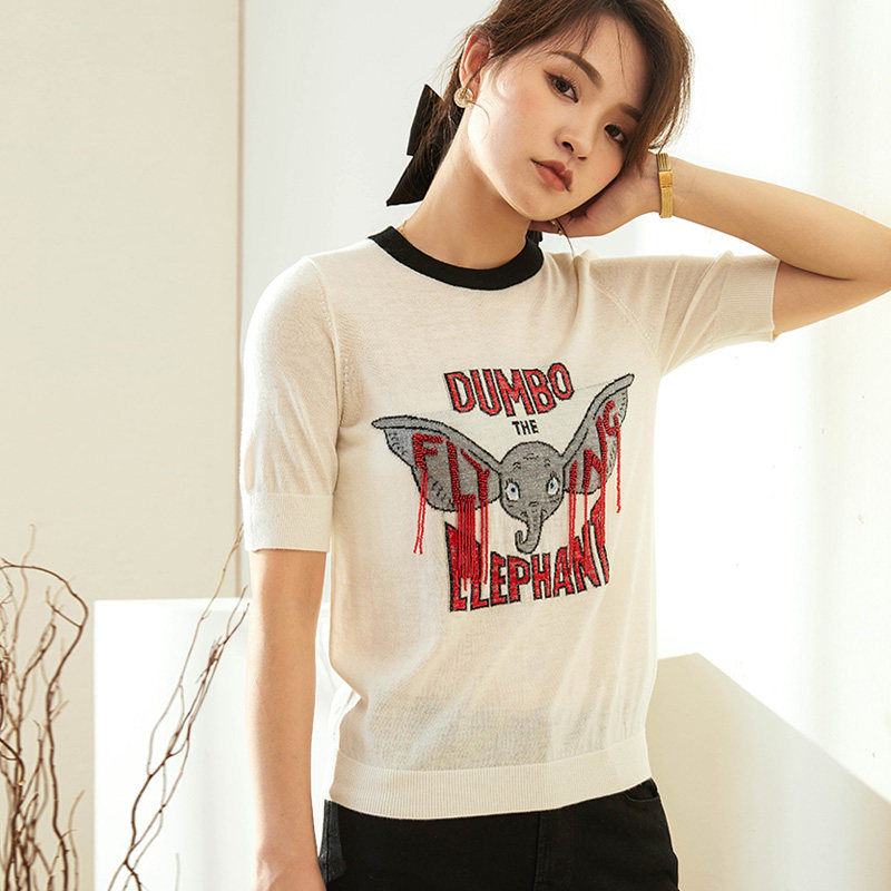 高品质羊毛针织衫女秋装新款小飞象短袖T恤气质显瘦上衣薄毛衣潮