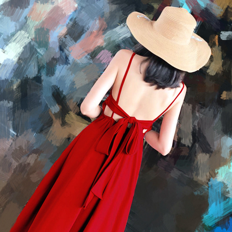 露背连衣裙女2020新款性感吊带沙滩裙超仙红色海边度假显瘦长裙夏