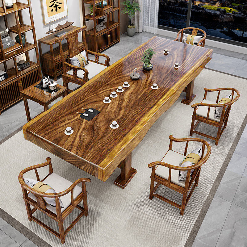 胡桃木实木大板茶桌一体一整套新中式办公室原木整切茶台茶几家用