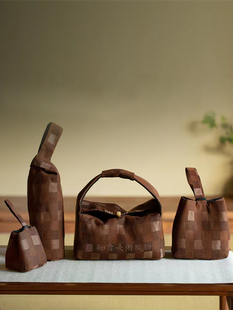 知舍 编织纹茶具收纳包 香云纱覆古外出旅行壶袋杯袋高端茶道配件