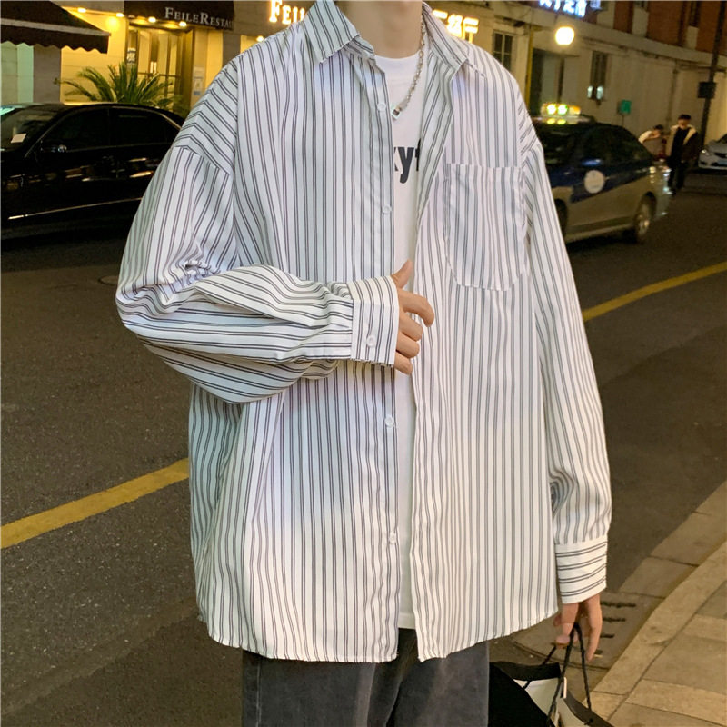 cherry kitty原宿ins潮牌条纹衬衫男长袖潮流痞帅衬衣春秋季港风