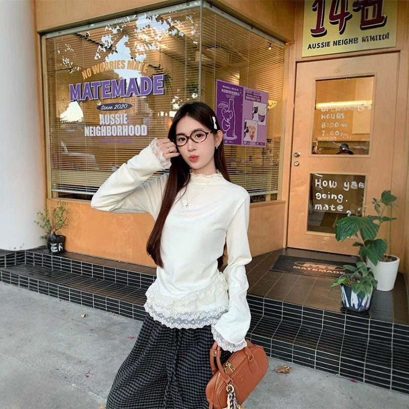 日本cherry kitty蕾丝花边半高领长袖t恤女秋冬设计感小众修身