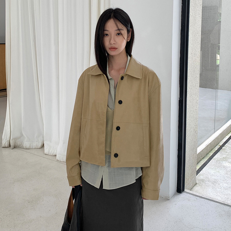 日系设计师topwhit 复古经典款百搭翻领宽松仿pu皮衣夹克外套女