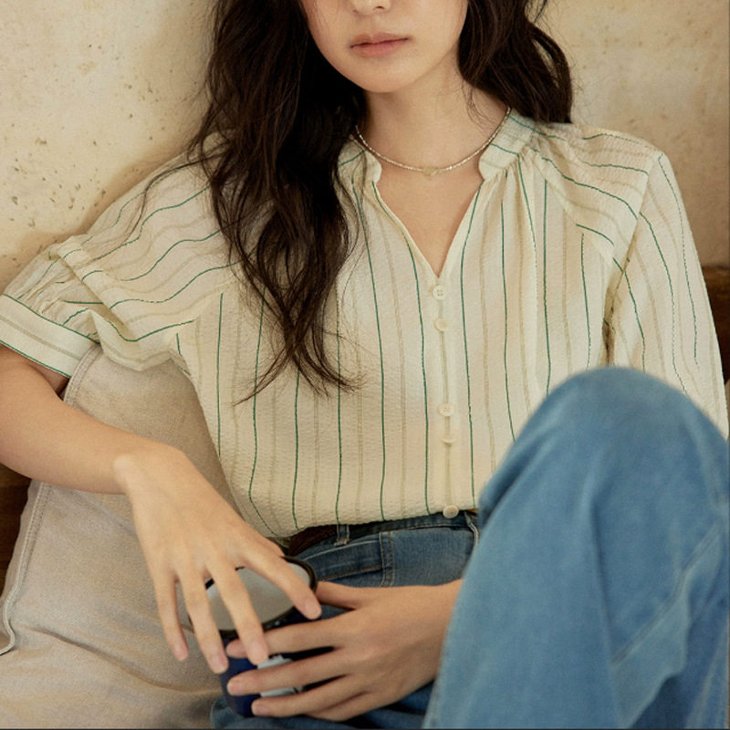 日系设计师topwhit法式盐缩全棉条纹v领衬衫女夏季新款短袖衬衣