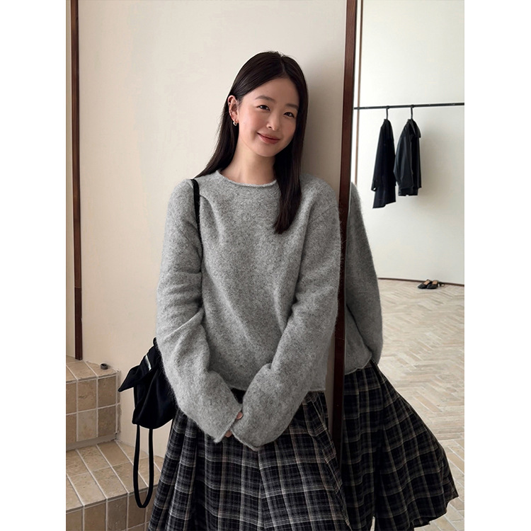 日系设计师topwhit 圆领软糯卷边宽松套头针织衫女秋冬新款慵懒