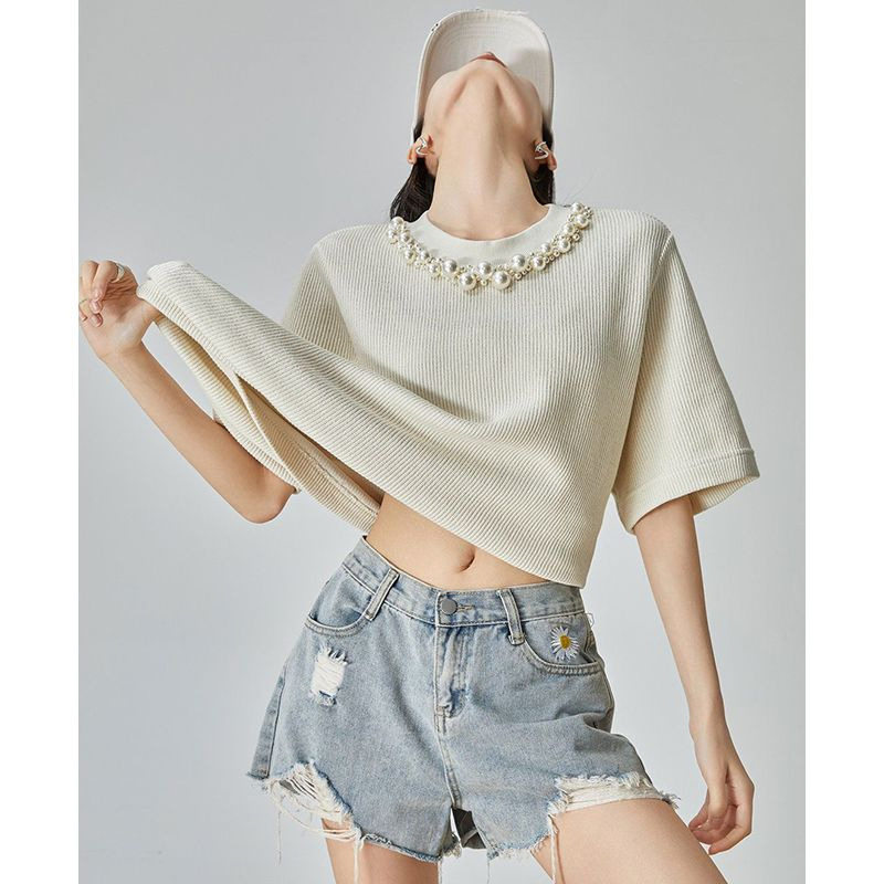 日系设计师topwhit法式钉珠重工针织t恤女装夏季新款短袖高级感