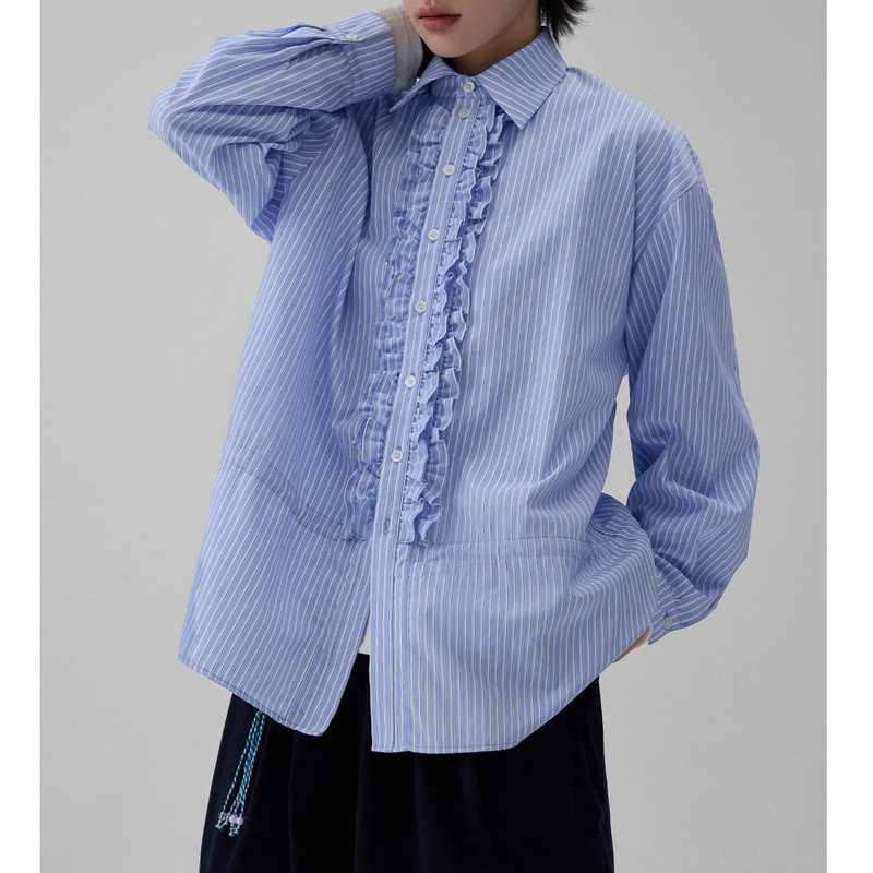 日系设计师TopWhit木耳边设计感蓝色条纹衬衫女春季衬衣轻奢高级