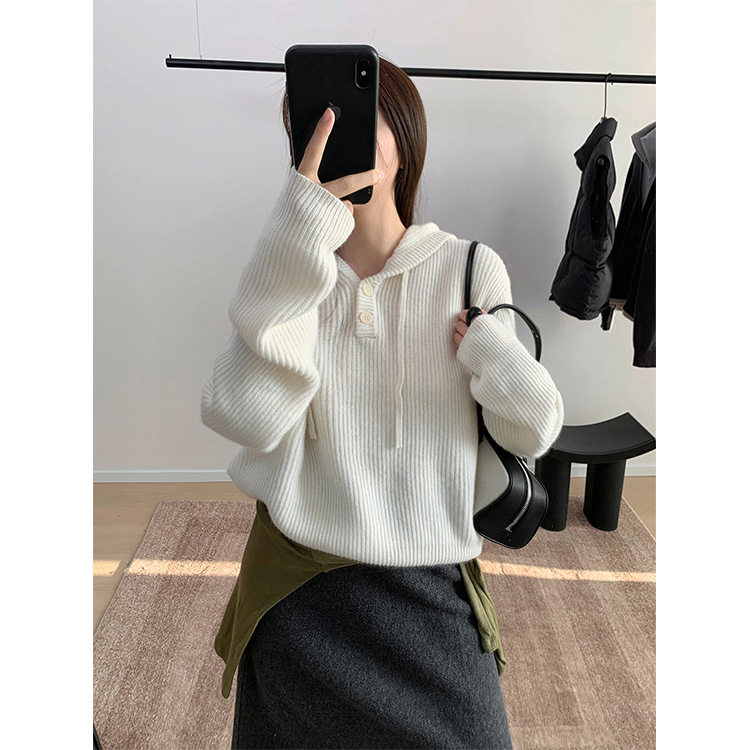 日系设计师topwhit 简约基调羊毛休闲百搭针织套头帽衫女秋冬新款