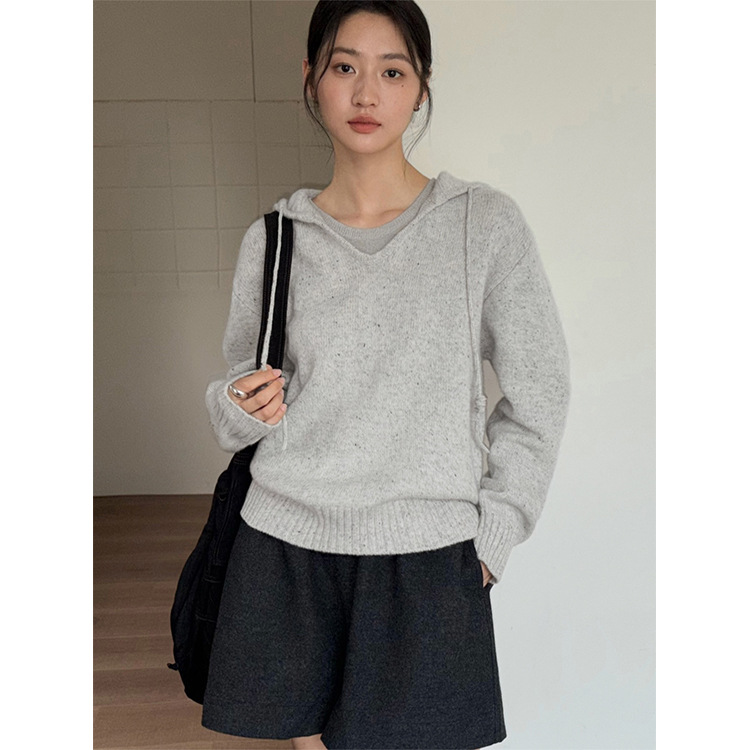 日系设计师topwhit 慵懒休闲全羊毛套头宽松针织帽衫女秋冬新款