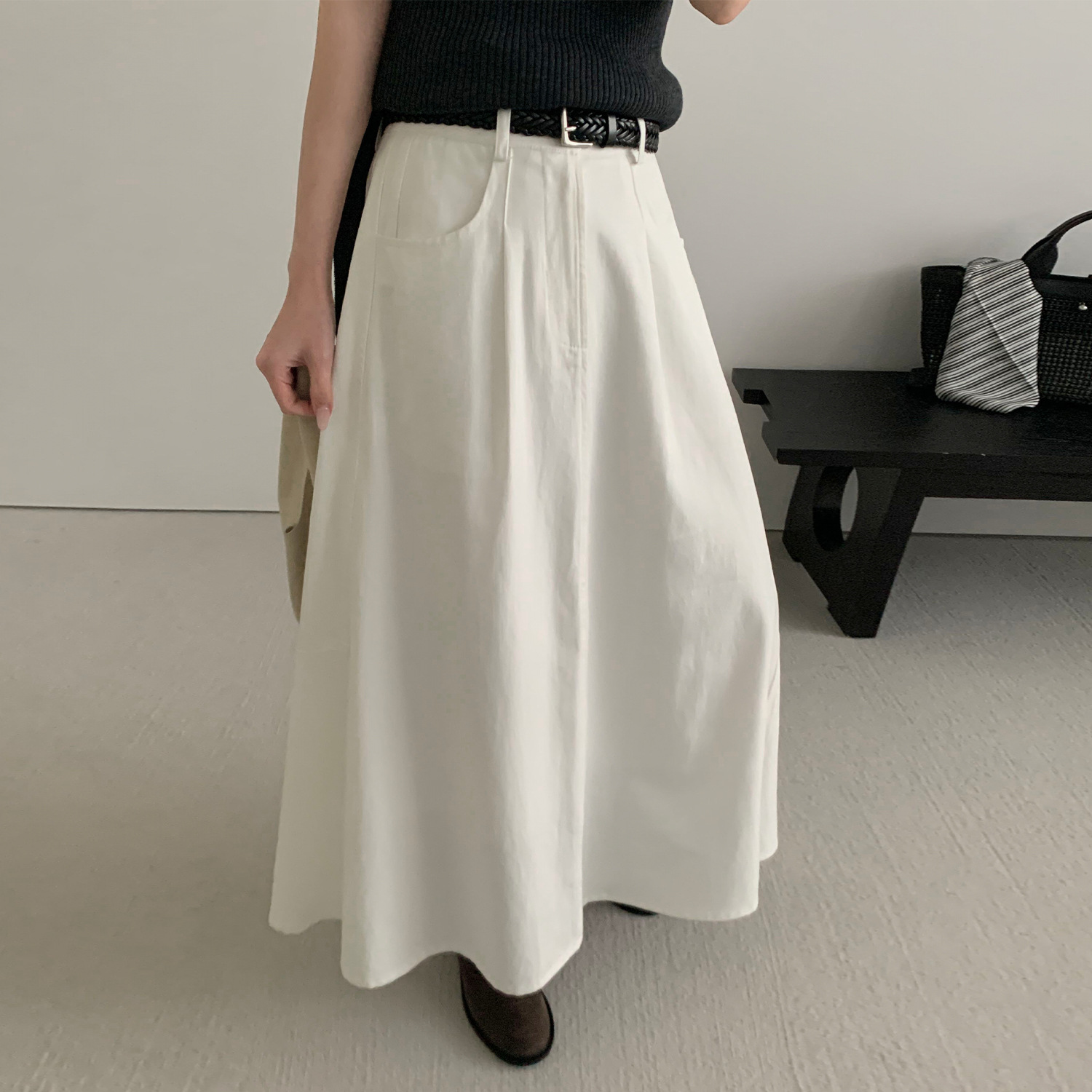 日系设计师topwhit 时髦麻花皮带净版a字半身裙女秋季新款百搭