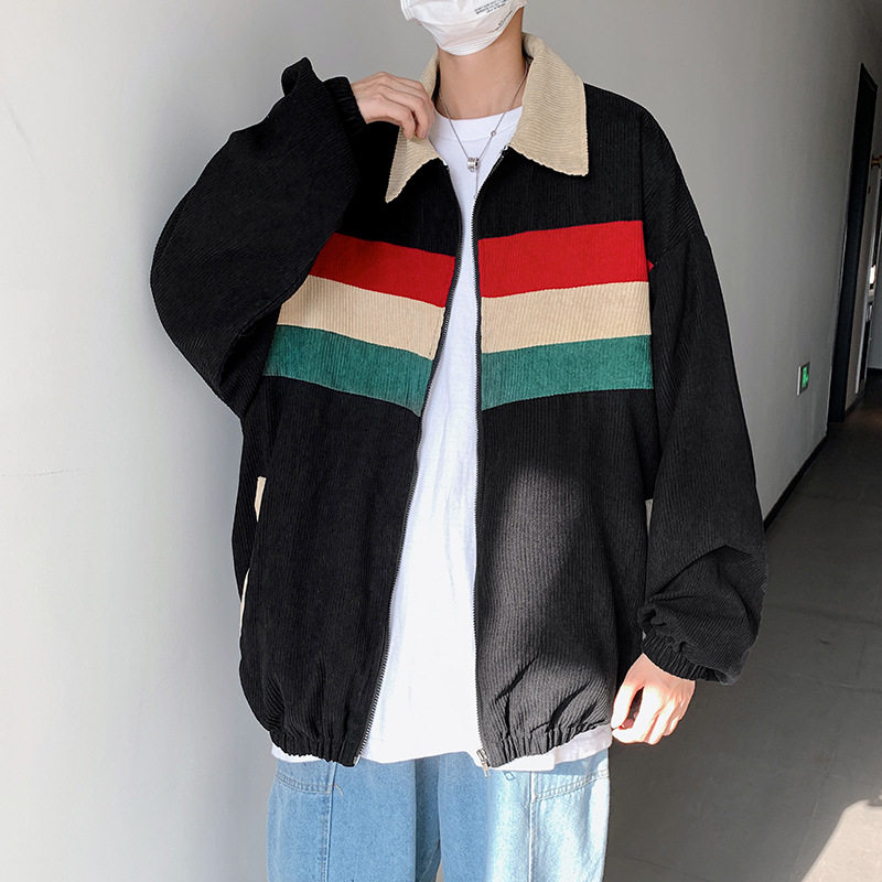 cherry kitty春秋款ins港风撞色灯芯绒夹克男士潮流情侣宽松休闲