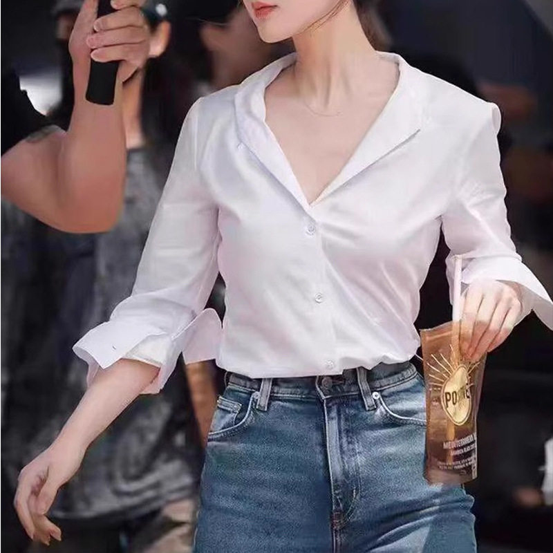 日系设计师topwhit法式气质高级感上衣白色v领衬衫女秋季职场通勤