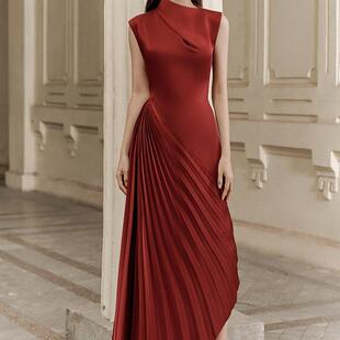 新款推荐越南小众设计师夏季新款连衣裙酒红色不规则晚礼服1626