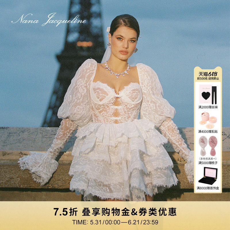 NanaJacqueline 爱的渴望 重工蕾丝泡泡袖四层裙摆婚纱蓬蓬连衣裙